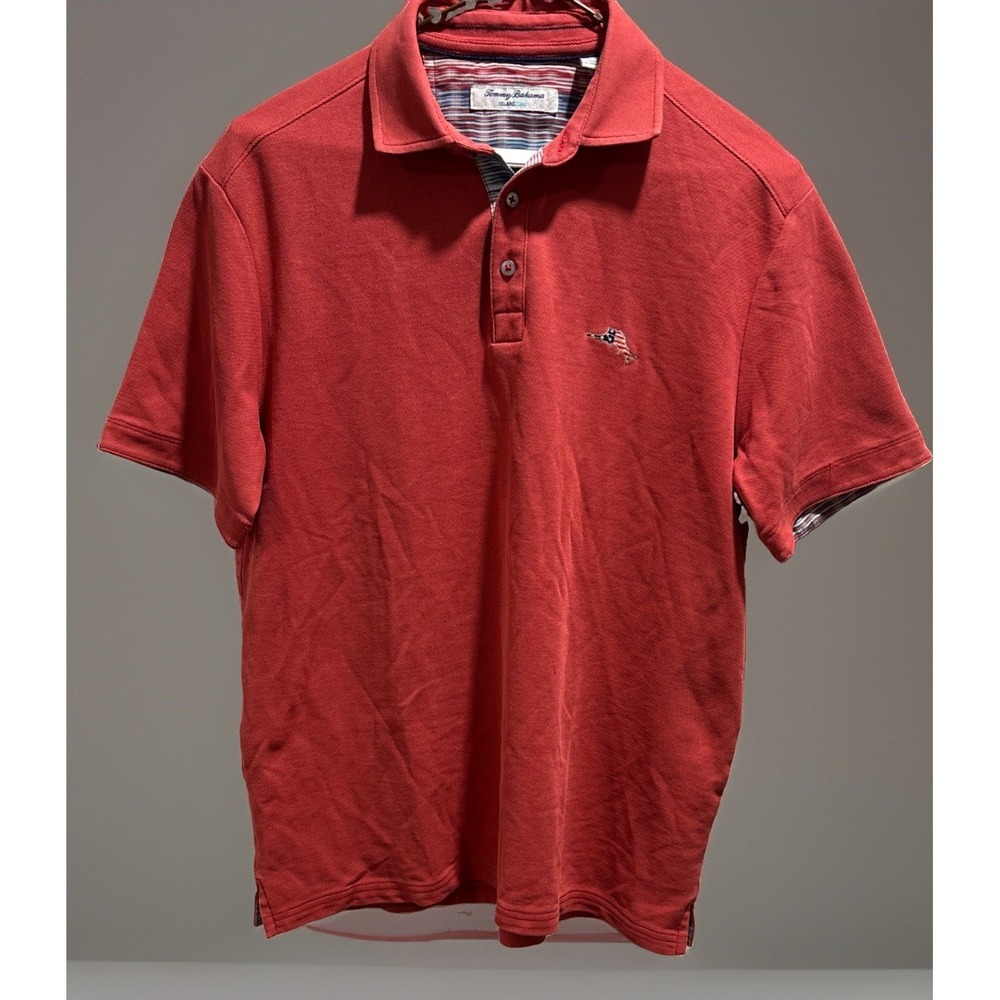 Tommy Bahama IslandZone Polo Shirt Coral Salmon USA Flag Marlin Embroidered SM